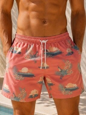 Goodfellow & Co Coral Tropical Island Print Swim Trunks Men’s Size Large Beach